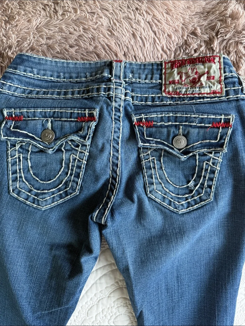 True Religion Women's Blue Denim Bootcut Jeans with Red Stitch Accents